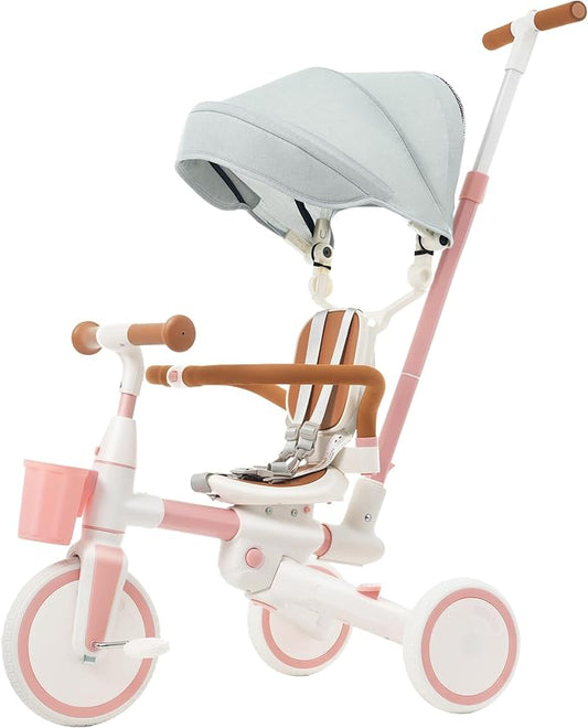 Foldable Kids Tricycle with Adjustable Pedals, Removable Canopy Cup Holder Safe, Portable Toddler Bike