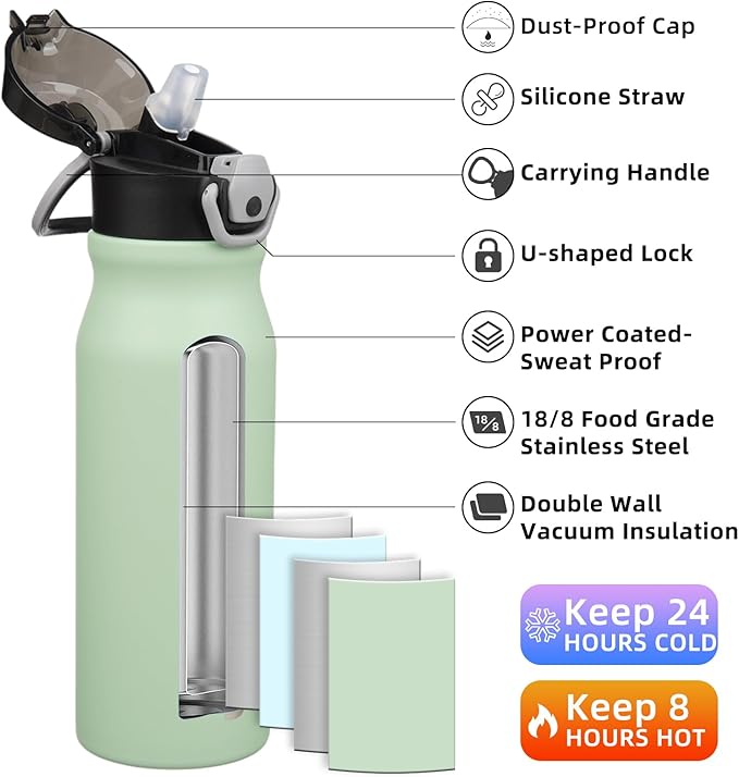 BJPKPK Insulated Water Bottle 25oz Stainless Steel Water Bottles with Straw and Carry Handle Double Wall Metal Thermal Flask,Sage