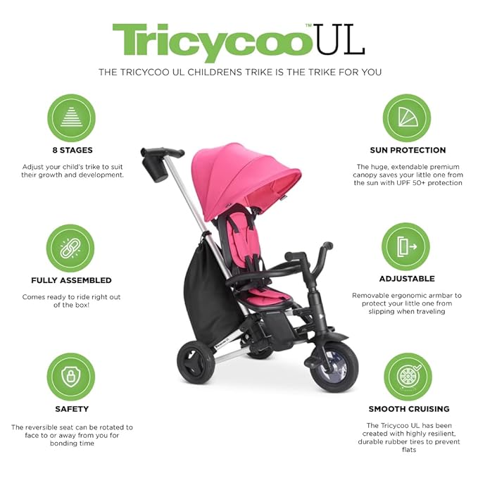 Joovy Tricycoo UL Kids Tricycle with 8 Stages Featuring 3 Rubber Tires, Removable and Adjustable Parent Handle, Safety Harness, 3-Position Recline Seat, and Retractable Canopy, Pink Crush
