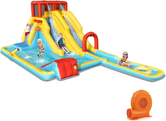 BOUNTECH Inflatable Water Slide, Dual Surfing Slides Kids Water Park Jump Bouncy Castle w/Swimming Rings, GFCI Blower, Large Splash Pool, Backyard Outdoor Blow up Water Slides Inflatables for Big Kids