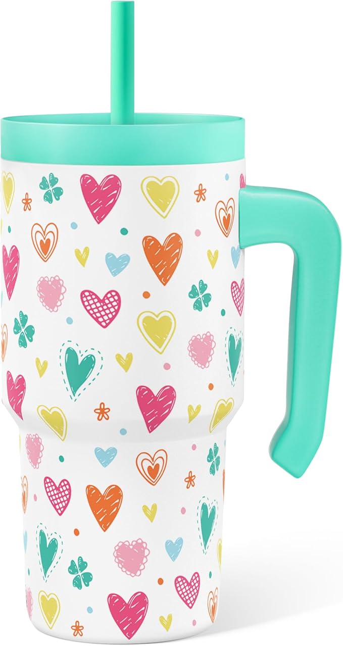 Heart Design Kid 20oz Tumbler with Handle and Silicone Straw Lid, Insulated Stainless Steel Cup, Gift for Kids Girls, Gifts Idea for Birthday Christmas Back to School