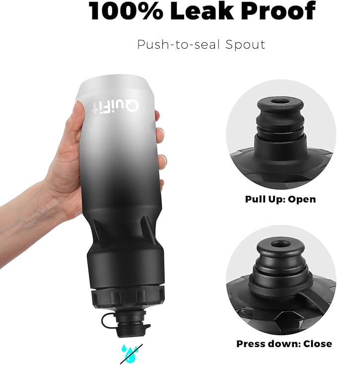 QuiFit Bicycle Water Bottle 24oz, 2-Pack, Lightweight Bike Bottle Leak-Proof, BPA Free, With Nozzle Cover, Fits Most Bike Cages, for Workout, Cycling, Gym, Camping(Black+Black White, 24oz)