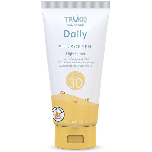 TruKid Daily Mineral Sunscreen SPF 30 - All Natural Kids & Baby Sunscreen for Face & Body, Non-Toxic Zinc Oxide Sunblock Protection for Sensitive Skin, Light Citrus, FSA Eligible, Travel Size 3.4oz