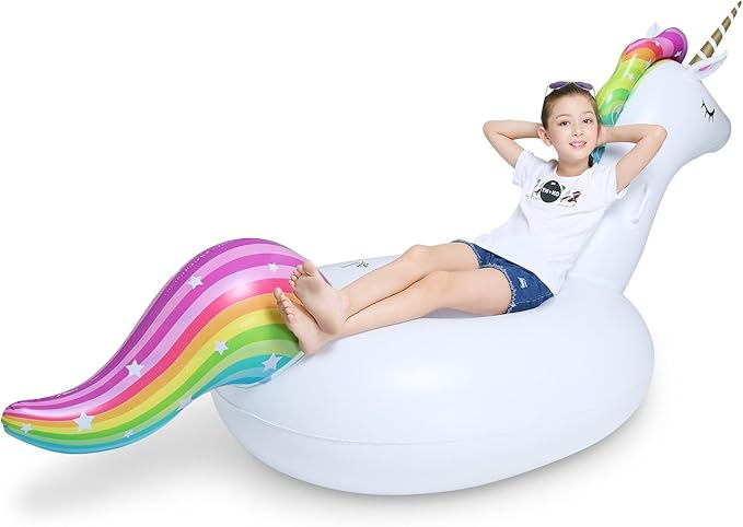 Jasonwell Big Inflatable Unicorn Pool Float Floatie Ride On with Fast Valves Large Rideable Blow Up Summer Beach Swimming Pool Party Lounge Raft Decorations Toys for Kids Adults