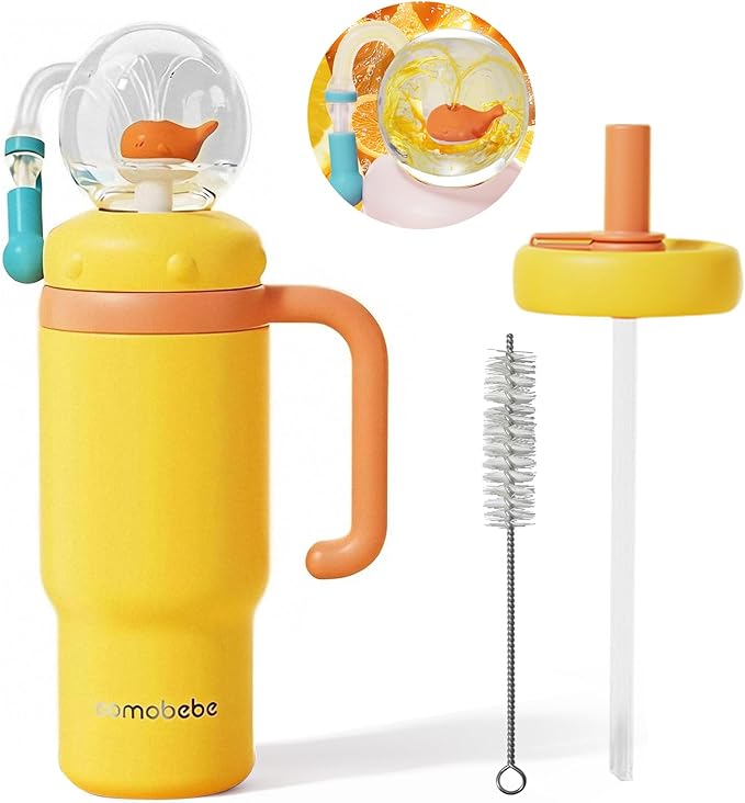 Insulated Whale Fountain Cup, 24 oz Stainless Steel Travel Mug with Handle, Leak-Proof Straw Cup, 2025 model - Washable. Suitable for children, teenagers and adults (orange)