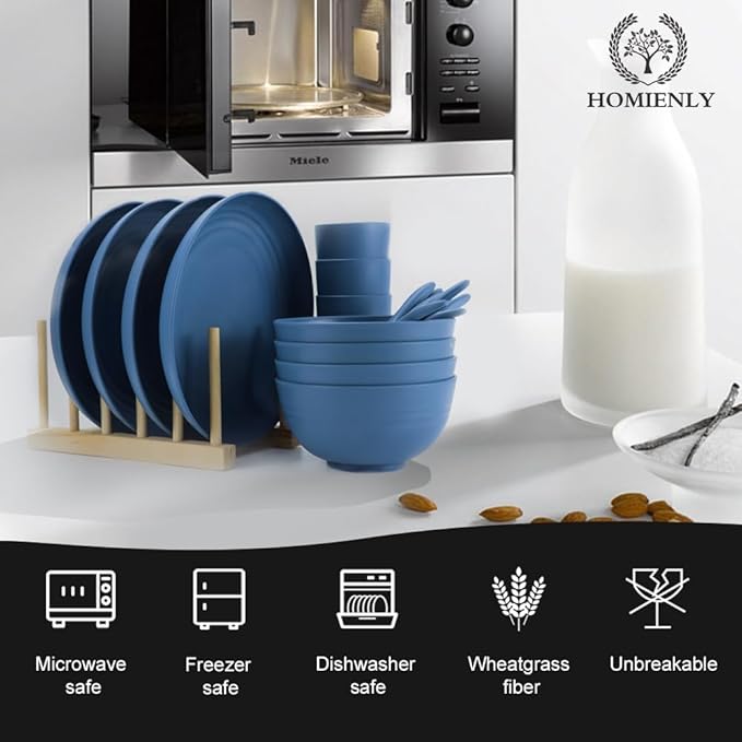 Wheat Straw Dinnerware Sets, Homienly 20pcs Unbreakable Microwave Dishwasher Safe Tableware Lightweight Bowls, Cups, Plates Set Reusable Dinner Plates Bowls set (Blue)