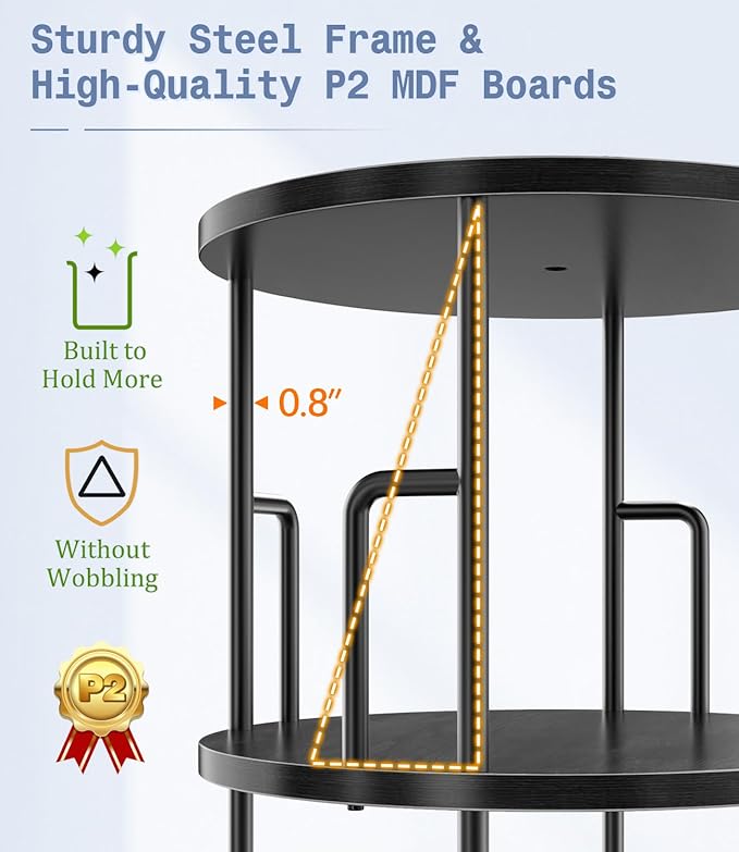 3 Tier Rotating Bookshelf Tower Round Black,37”Floor Standing Spinning Bookshelf Tower Anti-Tipping Design,Metal & Wood Revolving Bookcase Stackable Space Saving for Small Spaces,Study,Living Room