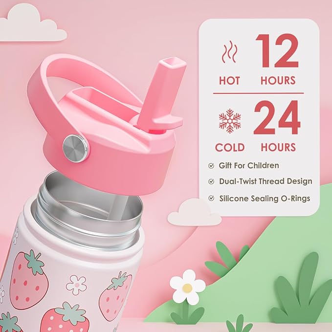 Strawberry Kids Water Bottle with Straw Lid 12oz Insulated Stainless Steel, Travel Tumbler, Gifts for Girls, Birthday, Christmas, Back to School