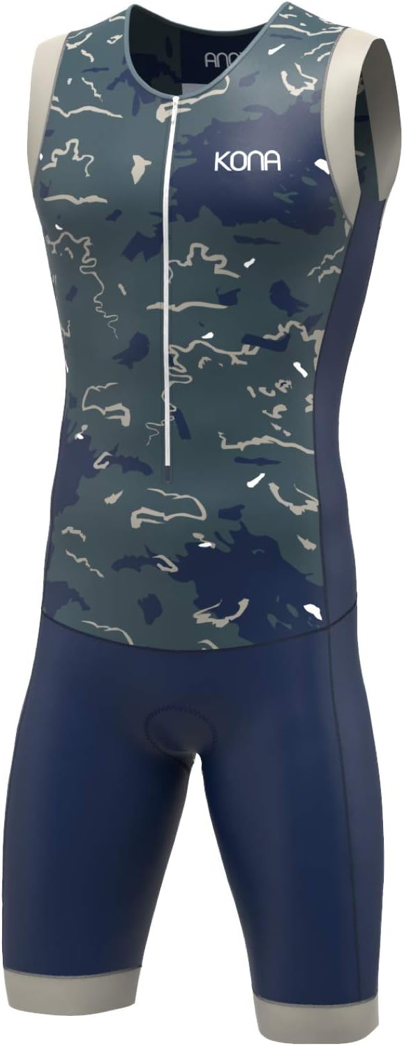 KONA Mens Assault Triathlon Race Suit - Sleeveless Skinsuit Padded Cycling Tri Suit for Swim Bike Run