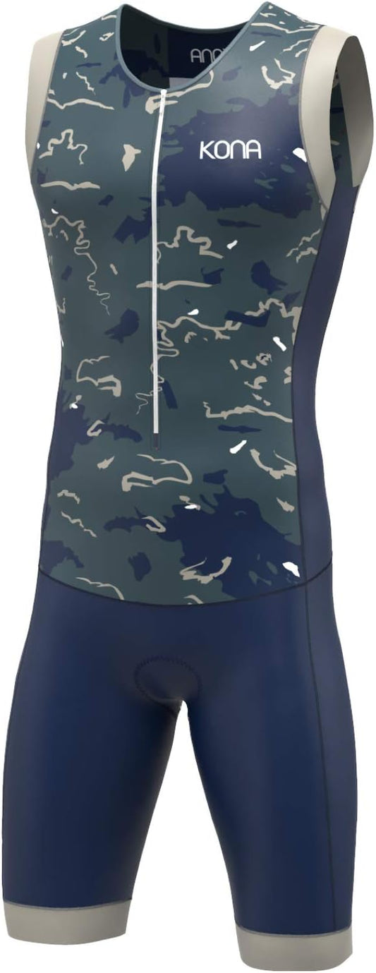 KONA Mens Assault Triathlon Race Suit - Sleeveless Skinsuit Padded Cycling Tri Suit for Swim Bike Run