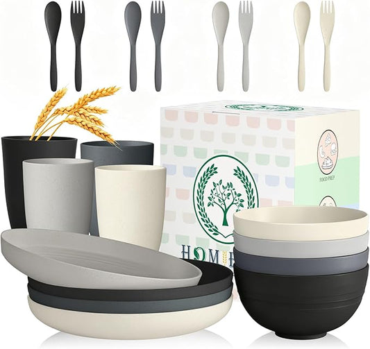 Homienly Unbreakable Wheat Straw Dinnerware Sets, Plastic Plates and Bowls Sets Alternative 20 PCS, Microwave & Dishwasher Safe Dish Set for Kitchen, Camping, Kids, Apartment, Lightweight(Grey Stone)