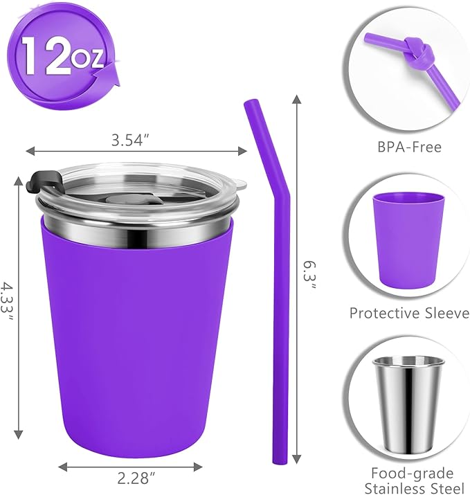 Stainless Steel Kids Cups with Lids and Straws Leakproof, 2 Pack 12oz Spill Proof Cups for Toddlers Kids Tumblers Unbreakable Sippy Cup with Straws for School, Outdoor (Pink & Purple)