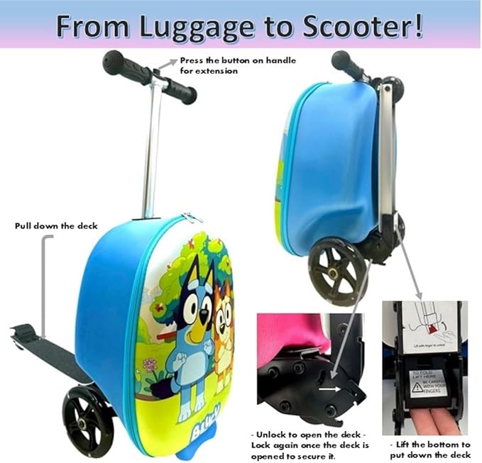 Fast Forward Kid’s Licensed 18" Ride-On Suitcase Scooter - Lightweight Carry-On Foldable Scooter Luggage