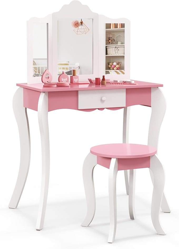 HONEY JOY Kids Vanity, Toddler Wooden Makeup Vanity Table & Chair Set, Tri-Fold Princess Mirror, Little Girls Vanity Set with Mirror and Stool (Pink)
