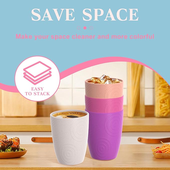 Homienly Drinking Glasses Wheat Straw Cups, Water Cup Set of 4, Reusable Cups, Unbreakable Plastic Drinking Cup, Dishwasher and Microwave safe, Cups for Kids - Flower Color