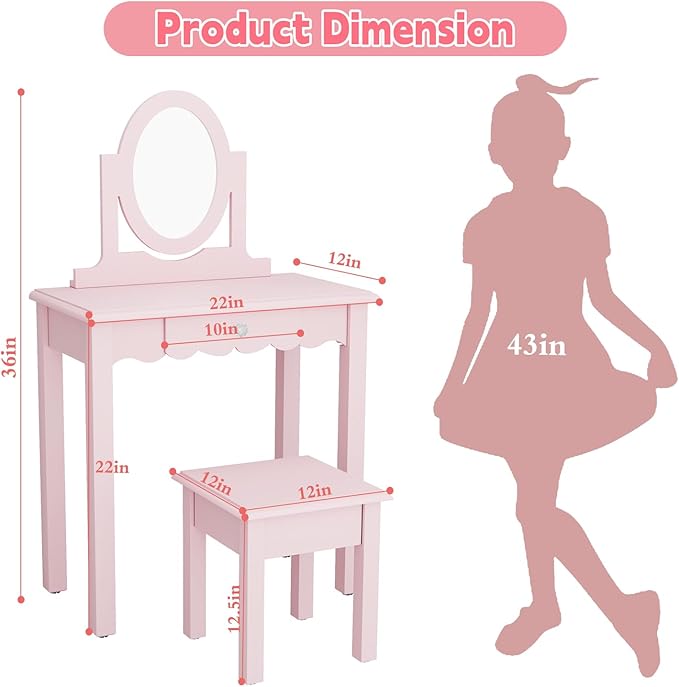 HLR Kids Vanity, Girls Vanity Set with Mirror and Stool, Wooden 2 in 1 Princess Makeup Desk Dressing Table with Detachable Top, Toddler Vanity Dresser Set with Drawer for Little Girls, Pink