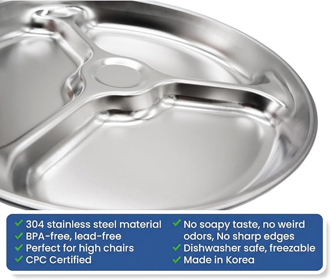 Korean Stainless Steel Divided Round Plates, Little Kids Toddlers Babies Tray, BPA Free, Diet Control, Camping Dishes, 8 Inch Compact Serving Platter, 3 Compartment Plate, Set of 2