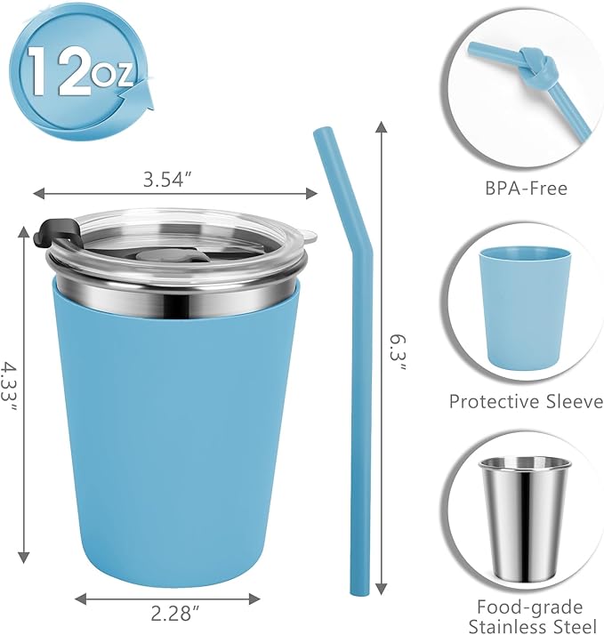 Stainless Steel Kids Cups with Lids and Straws Leakproof, 2 Pack 12oz Spill Proof Cups for Toddlers Kids Tumblers Unbreakable Sippy Cup with Straws for School, Outdoor (Blue & Green)