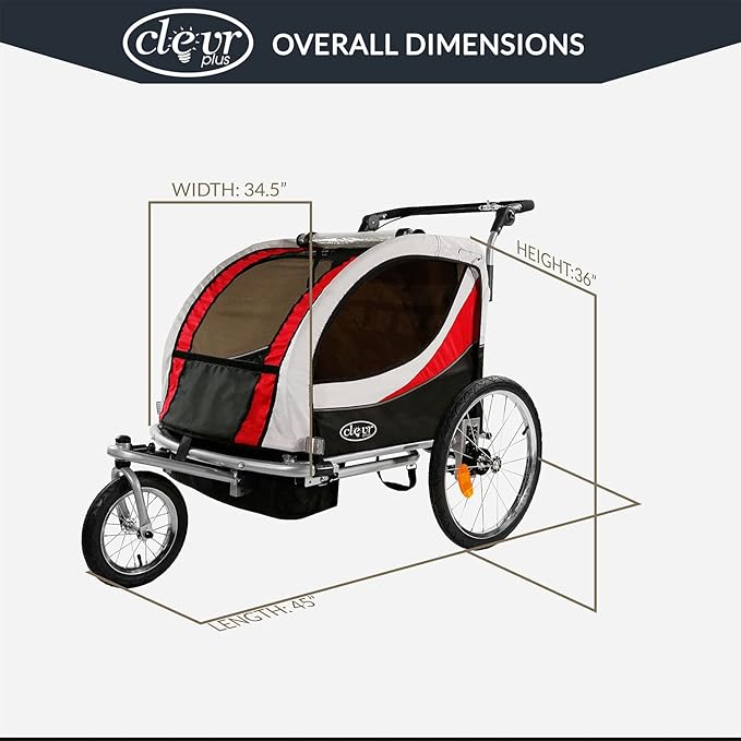 ClevrPlus Deluxe 3-in-1 Double 2 Seat Bicycle Bike Trailer Jogger Stroller for Kids Children | Foldable Collapsible w/Pivot Front Wheel