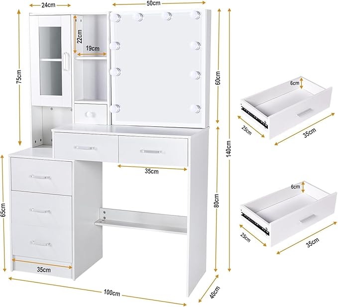 Large Vanity Desk with LED Lighted Mirror, 6 Drawers, 1 Door Cabinets, 6 Oppen and Hidden Shelves Makeup Table with Brightness Adjustable, Dressing Vanity Set for Girls