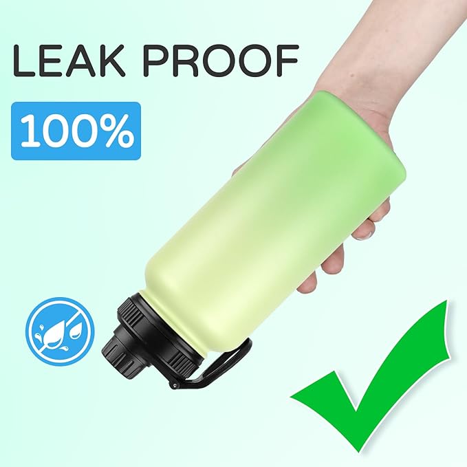 DOMICARE 32 oz Insulated Water Bottle Bulk, Vacuum Insulated Stainless Steel Sports Water Bottle with Straw Lid & Spout Lid, Leakproof, Reusable - Travel, Camping, Bike, Green Gradient (4 Pack)