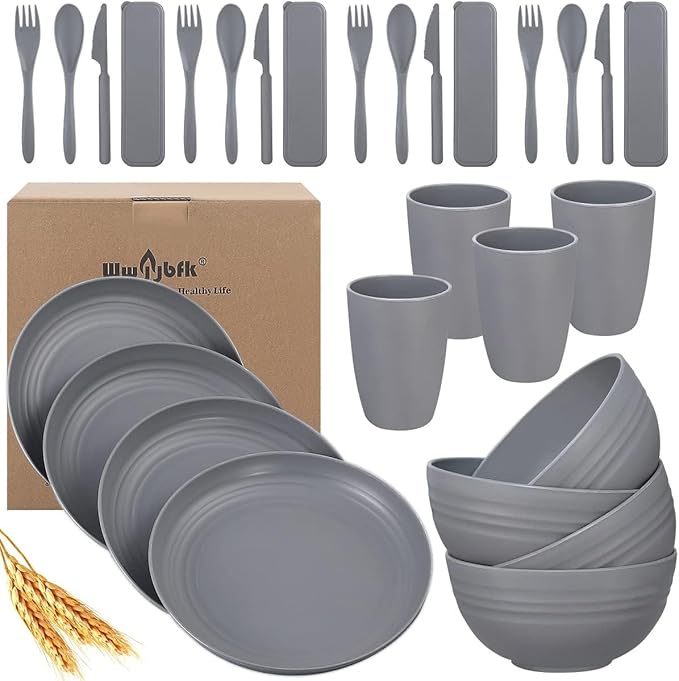Wheat Straw Dinnerware Sets, Wheat Straw Plates and Bowls Sets for 4 Kitchen Dishes 28pcs College Dorm Room Essentials Cutlery Set Microwave Safe (Gray)