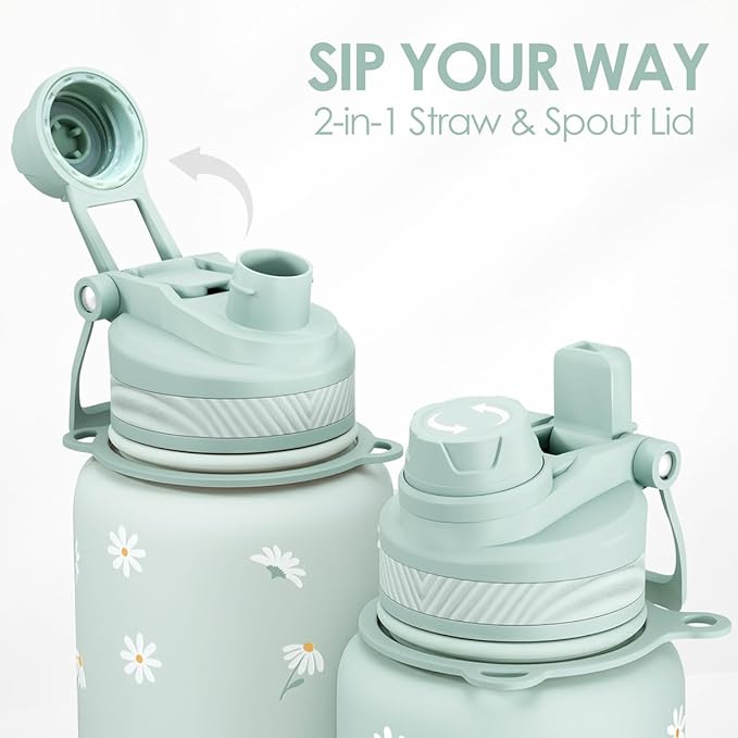 SANDJEST Mint Daisy Stainless Steel Water Bottle with Strap 32oz, Insulated Bottles with Straw and Spout Lid for Gym Sports Travel Outdoor, Gifts for Women Girls Birthday Christmas