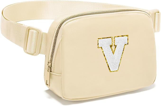 Gitus Birthday Gifts for 8 9 10 11 12 13 Year Old Girls Personalized Fanny Pack Crossbody Bags with Initial Letter Patch Belt Bag for Teen Girls Cute Trendy Stuff Travel Essentials (Beige-V)