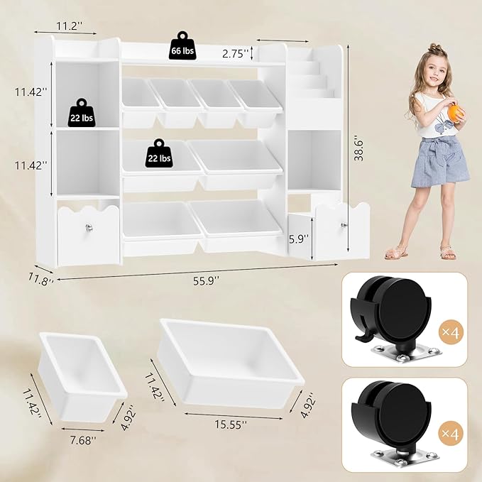 HOMMPA 55" W Kids Toy Storage Organizer with 2 Movable Drawer 4-Tier Bookshelf for Kids Children's Organizer Cabinet with 8 Toy Bins for Playrooms, Classroom and Nurseries,White