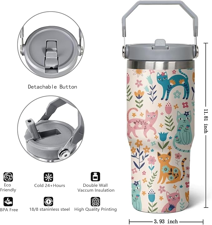 30 Oz Cat Flip StrawTumbler Lid and Straw,Funny Cat leakproof Insulated Stainless Steel Travel Coffee Cup Mugs Water Bottle,Cat Gifts for Cat Lovers