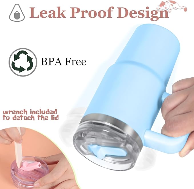 Cosictic 14 Oz Flip Straw Tumbler with Handle for Kids, Stainless Steel Double Wall Insulated Cup for Children with Flip Top Lid, 14 Oz Leak-proof Cups for Kids, Sky Blue and Pink