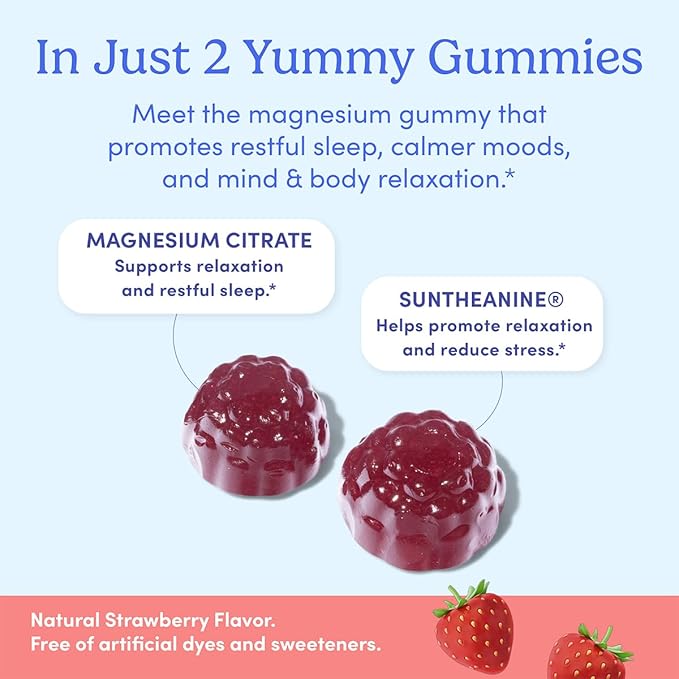 FIRST DAY Kids Magnesium Citrate Gummies (Ages 4+) with No Melatonin | Calm Kids Magnesium Gummies | Bedtime Supplement for Better Sleep with Suntheanine® L-Theanine | Strawberry | 30-Days Supply