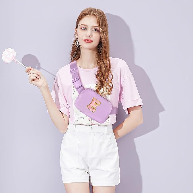 Gitus Belt Bag Fanny Pack Crossbody Bags with Initial Letter Patch Cute Stuff Birthday Gifts for Teenager Girls Trendy Preppy Stuff for Teen Girls Cool Stuff for Teens (Lavender-E)