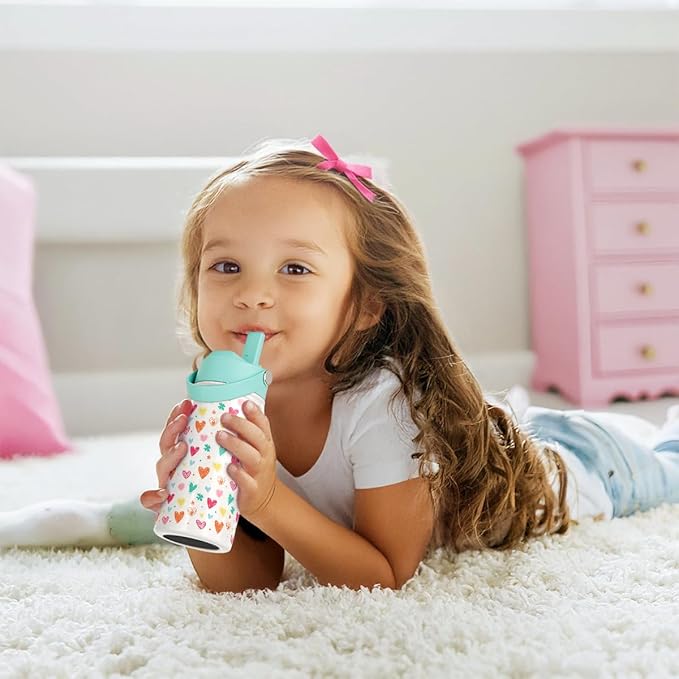 Kid Water Bottle 12oz with Straw Lid - 2-Pack Insulated Stainless Steel Water Bottles for Kids Girls - Travel Cup for School Sports, Bow & Heart