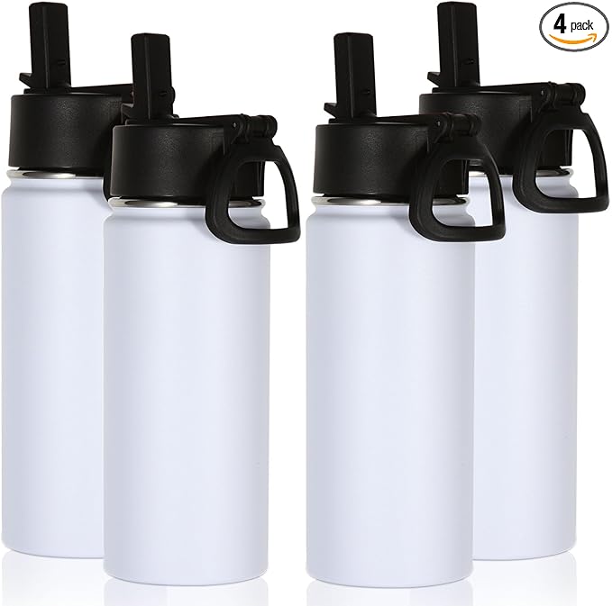 Volhoply 16 OZ Kids Water Bottle Bulk 4 Pack,Insulated Sports Bottles with Straw Lid,Stainless Steel Bottle with Handle Keep Cold & Hot,Double Wall Vacuum Tumbler Cups for School(White, 4)