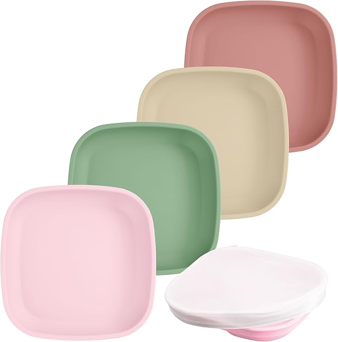 Re-Play Toddler Plates - 22 Oz. Deep-Walled Flat Kids Plates - Dishwasher & Microwave Safe - Made in USA - Set of 4-7.37" x 7.37" x 1.25" - Desert Roses