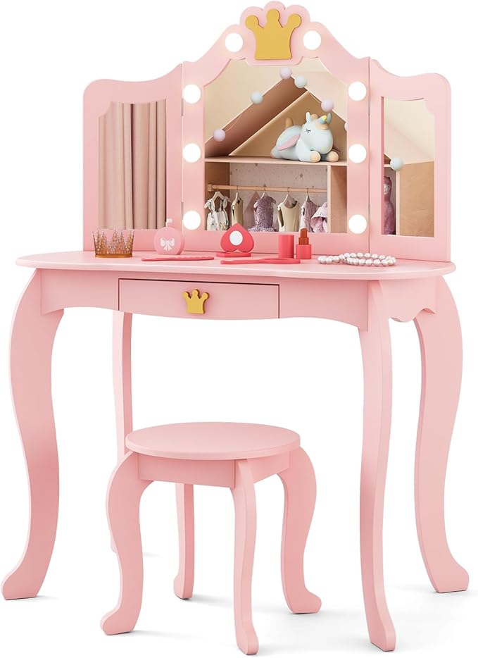 Costzon Kids Vanity with Lights, Girls Vanity Set with Mirror and Stool, Drawer, 2 in 1 Princess Makeup Desk Dressing Table, Kids Vanity Table and Chair Set (Pink)