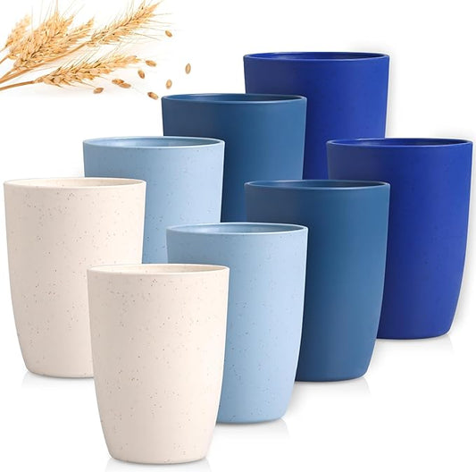 12 OZ Wheat Straw Cups Reusable Drinking Tumblers, Unbreakable Cups for Kitchen - BPA Free, Dishwasher Safe, Set of 8, Ombre Blue
