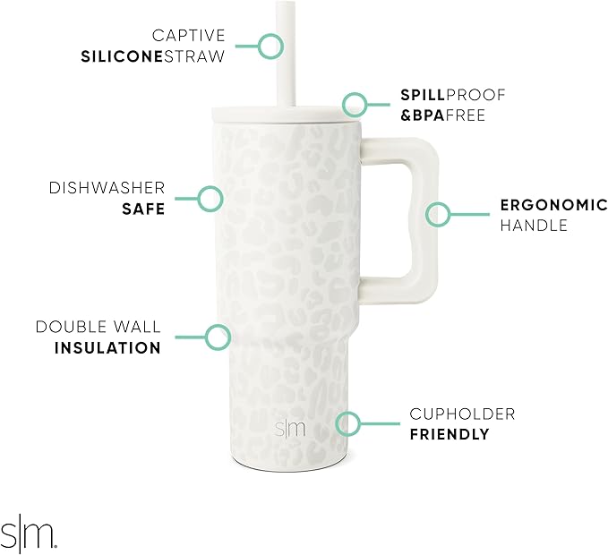 Simple Modern Kids 24 oz Tumbler with Handle and Silicone Straw Lid | Spill Proof and Leak Resistant | Reusable Stainless Steel Bottle | Gift for Kids Boys Girls | Trek Collection | Cream Leopard