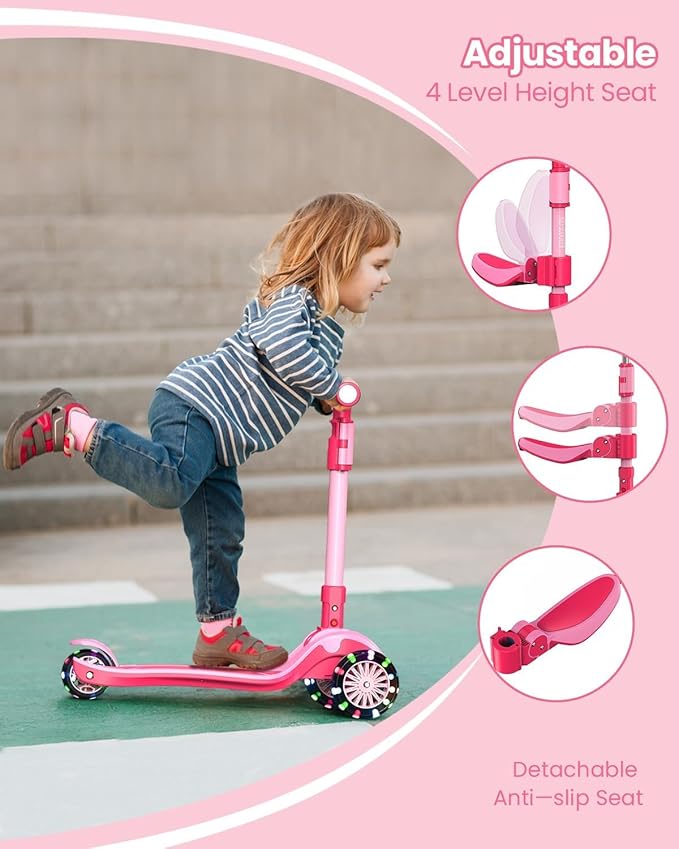 2-in-1 Adjustable Kick Scooter for Kids 3-5 (Suitable 3-12 Years),5-Level Handlebar & Removable Seat, LED Light-Up Wheels, Wide Deck, Foldable Design for Indoor/Outdoor Use - Girls & Boys