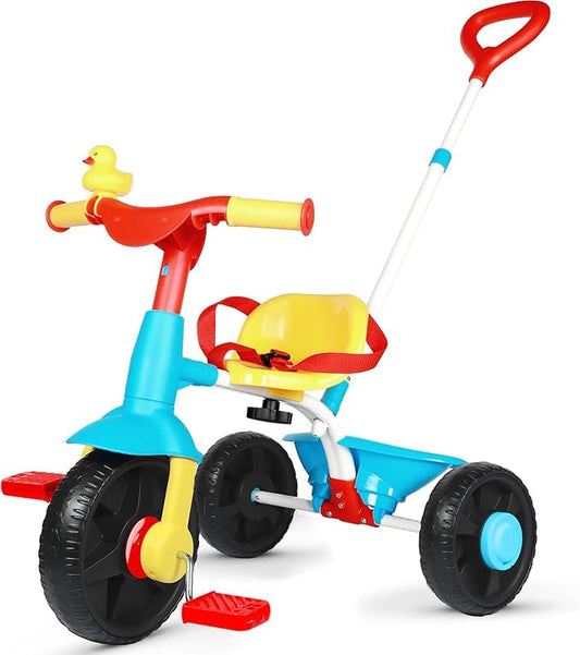 KRIDDO 2 in 1 Kids Tricycles Age 18 Month to 3 Years, Gift Toddler Tricycles for 2-3 Year Olds, Trikes for Toddlers with Push Handle and Duck Bell (Classic, EVA Wheel)