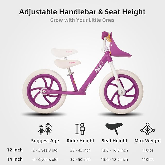 JOYSTAR 12/14 Inch Kids Balance Bike for 18months-5 Years Old Boys Girls, Lightweight Toddler Balance Bikes with Footrest and Handlebar Basket or Doll Seat