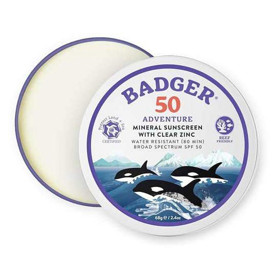 Badger Biodegradable Reef Safe Sunscreen, SPF 50 Mineral Sunscreen, 98% Organic Ingredients, Unscented, Water Resistant Adventure Sport Sun Cream, Travel Size 2.4 oz Tin