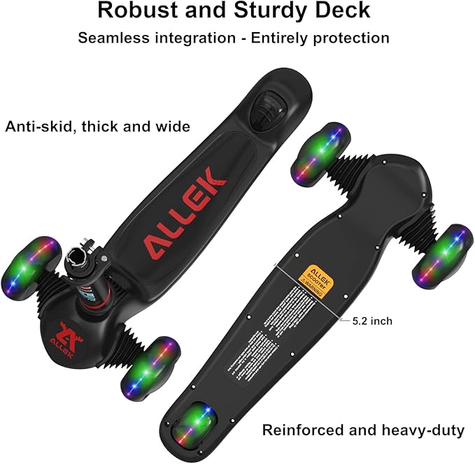 Allek Kick Scooter Foldable F02, 3-Wheel LED Flashing Glider and 4 Adjustable Height with Anti-Slip Thick Deck Push Scooter for Children 3-12yrs