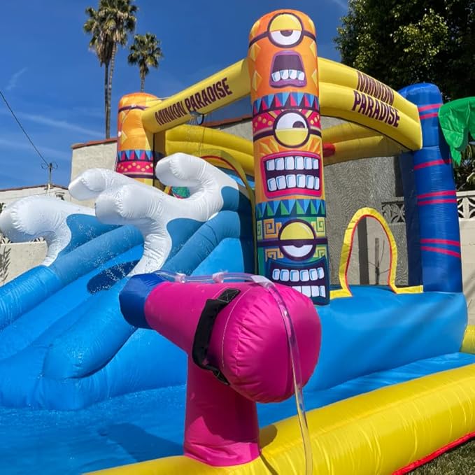 Funormous Minions Bounce House with Slide, Ball Pit & Water Cannon – Indoor/Outdoor Tropical Inflatable with GFCI Air Blower for Kids Ages 3–8