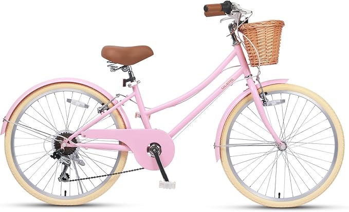 Glerc 20 24 26 Inch Beach Cruiser Bike, 6-Speed Hybrid City Bicycle for Girls Youth and Over 6 Years Old, Missy Bike with Wicker Basket & Lightweight, Multiple Colors
