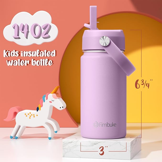 Fimibuke Kids Insulated Water Bottle, 14oz BPA FREE 18/8 Stainless Steel Travel Tumbler Double Wall Vacuum Leak Proof Kids Cup with Straw Metal Water Bottle for School Boys Girls(1 Pack, Lilac)