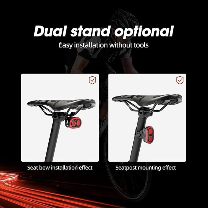 Bike Tail Light, Smart Brake Sensing Bicycle Rear, Main + Sub Light Auto On/Off, 4 x 5 Modes, Ultra Bright LED Back Lights, IPX6 Waterproof, USB Rechargeable, Cycling Safety Accessories