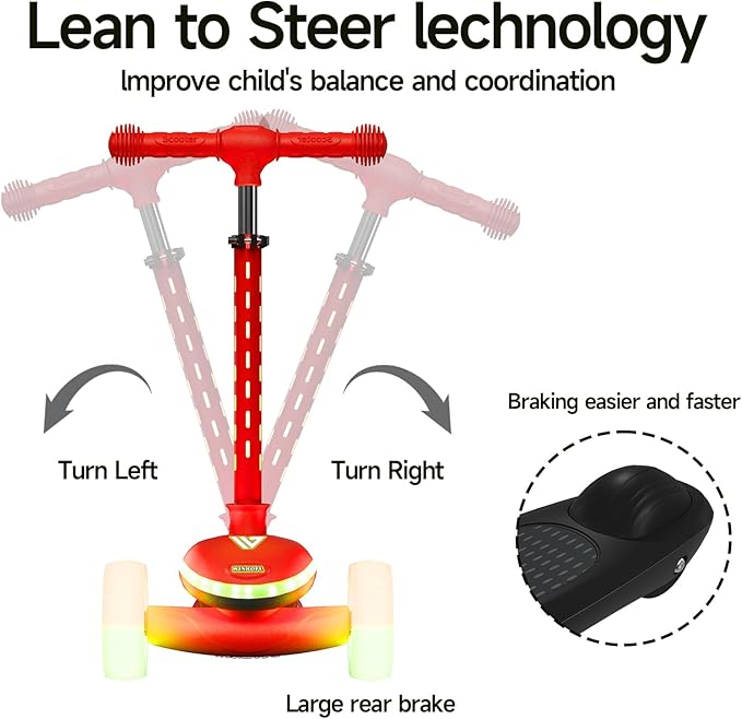 Winhope Kids Kick Scooter, 3 Wheel Scooter for Boy and Girl, LED Lighted Wheels and Widen Deck, Outdoor Ride-On Toys for Kids Aged 3-8