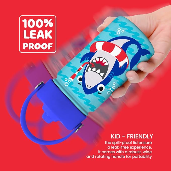 Shark Water Bottle - Kids Water Bottle with Straw Lid - 12 Oz Insulated Stainless Steel Water Bottles for Kid Boys - Travel Cup for School Sports